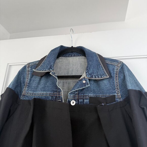 Sacai 21-05517 Mixed Media Blue Denim Jean Jacket Black Wool Sz 1 - Picture 8 of 11